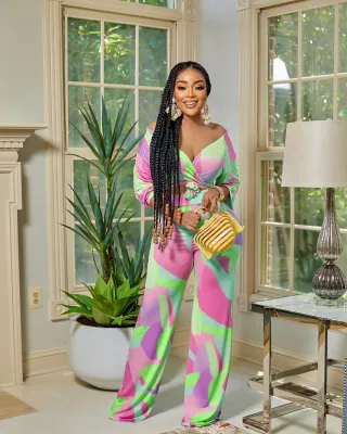Women V-Neck Printed Long Sleeve Top+ Pants Casual Two Piece