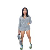 Women Casual velvet Long Sleeve Zip Hood Top+ Shorts Two Piece