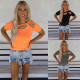 Summer Women Casual Solid Round Neck Lace-Up Short Sleeve T-Shirt