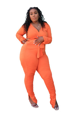 Plus Size Women Solid V-Neck Lace-Up Pleated Long Sleeve Top + Pants Two-Piece Set