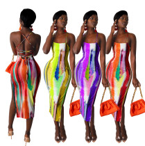 Women Painted Print Slit Backless Slip Dress