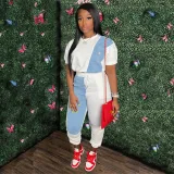 Women Short Sleeve Patchwork Denim Top+ Pants two Piece