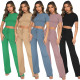 Fashion Casual Suit Women Solid High Stretch Short Sleeve Ribbed Wide Leg Pants Two Piece Set