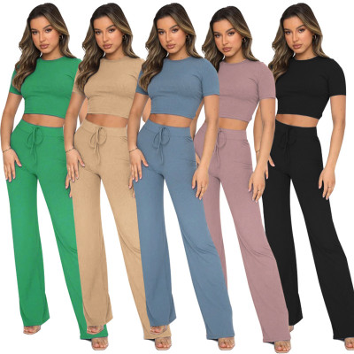 Fashion Casual Suit Women Solid High Stretch Short Sleeve Ribbed Wide Leg Pants Two Piece Set