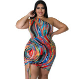 Plus Size Women Clothes Print One Shoulder Sleeveless Keyhole Sexy Drawstring Bodycon Dress