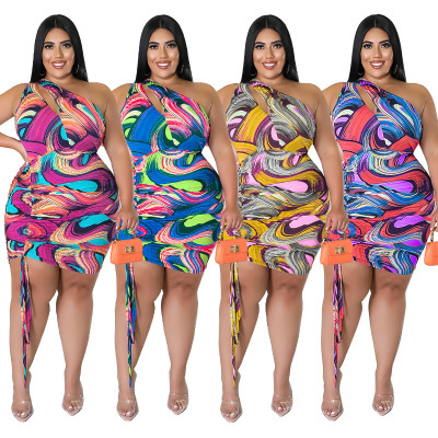 Plus Size Women Clothes Print One Shoulder Sleeveless Keyhole Sexy Drawstring Bodycon Dress