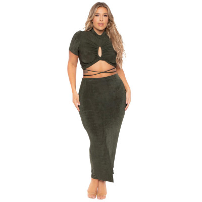 Summer Solid Sexy Drawstring Cutout Round Neck Short Sleeve Fashion Casual Slit Skirt Set Plus Size Women Clothes