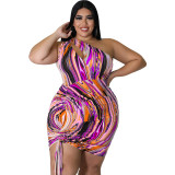 Plus Size Women Clothes Print One Shoulder Sleeveless Keyhole Sexy Drawstring Bodycon Dress