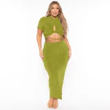 Summer Solid Sexy Drawstring Cutout Round Neck Short Sleeve Fashion Casual Slit Skirt Set Plus Size Women Clothes