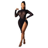 Women Clothes Beaded Long Sleeve Ruched Split Mesh See-Through Sexy Dress