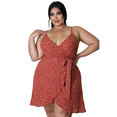 Women Clothes Summer Printed Strap Wrap Irregular Plus Size Dress