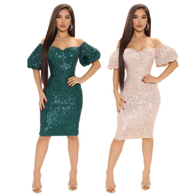 Fashion Off Shoulder Sequins Sexy Sweet Bodycon Women Party Dress