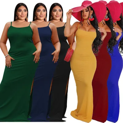 Plus Size Women's Summer Ribbed Sling Slit Sexy Tight Fitting Dress