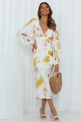 Autumn sexy v-neck lantern sleeve printed jumpsuit women's long dress