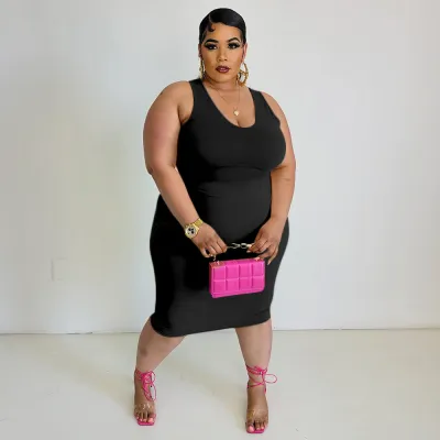 Plus Size Women's Casual Round Neck Sleeveless Solid Dress Women