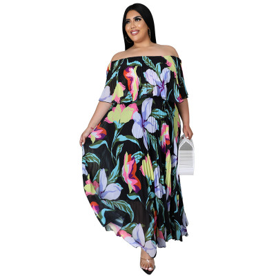 Plus Size Women's Summer Off Shoulder Print Pleated Dress