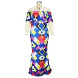 Plus Size Women's Digital Print Ruffle Wrap Off Shoulder Long Dress