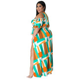 Plus Size Women's Summer Off-the-shoulder V-Neck Fashion Two-Piece Split Swing Skirt Set