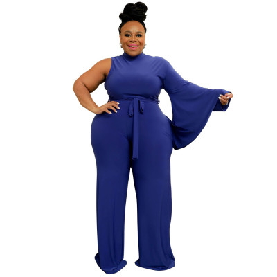 Fashion Plus Size Women's Solid Lace-Up Slash Shoulder Wide Sleeve Jumpsuit