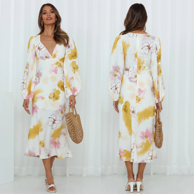 Autumn sexy v-neck lantern sleeve printed jumpsuit women's long dress