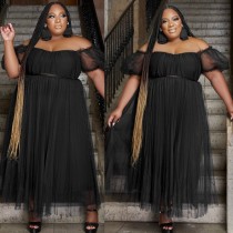 Plus Size Women's See-Through Puff Sleeve Off Shoulder Top Mesh Skirt Set