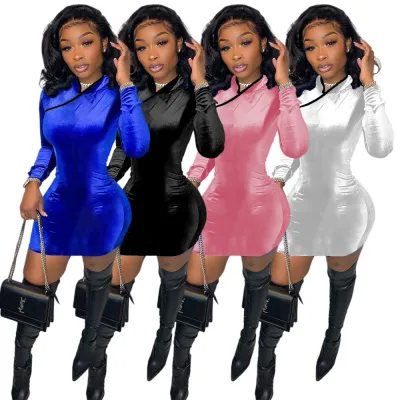 Women's Sexy Fashion Cheongsam Style Zipper Velvet Solid Color Dress