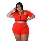 Plus Size Women Summer Zip Print Short Sleeve Top+ Shorts Casual Two-Piece Set