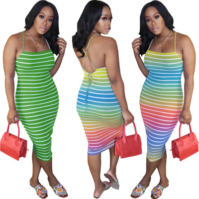 Women Sexy Striped Print Sleeveless Dresses