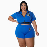 Plus Size Women Summer Zip Print Short Sleeve Top+ Shorts Casual Two-Piece Set