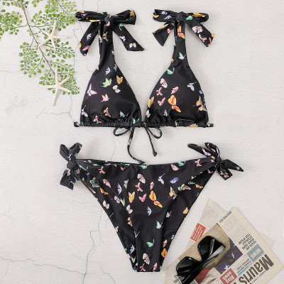 Floral Swimsuit Butterfly Print Lace-Up Women Two Pieces Bikini Swimwear