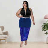 Plus Size Women's Washed Denim Sequin Patckwork Sexy Long Skirt