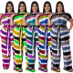 Plus Size Fall Women's Fashion Tye Die Stripe Print Short Sleeve Tied Top Straight Leg Pants Two Piece Set