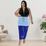 Plus Size Women's Washed Denim Sequin Patckwork Sexy Long Skirt