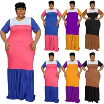 Plus Size Women's Round Neck Short Sleeve Multicolor Patchwork Swing Maxi Dress