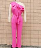 Women's One Shoulder Ruffle Edge High Waist Slim Jumpsuit