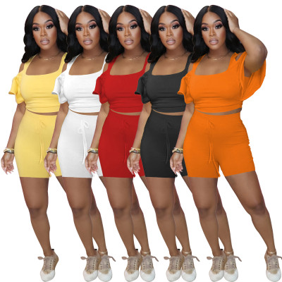 Women's Sexy Off Shoulder Ruffle Sleeve Shorts Suit Stretch Slim Casual Two Piece Women