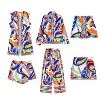 Summer Women's Round Neck Sleeveless Dress + High Waist Skirt Shorts Print Suit Women