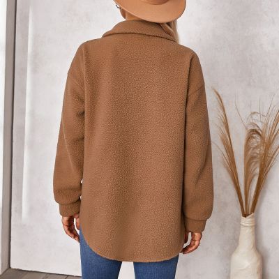 Women's Autumn and Winter Tops Women's Solid Color Fashion Turndown Collar Plush Loose Jacket