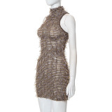 Fashion Women's Autumn Special Fabric Turtleneck Sleeveless Bodycon Slim Dress Women