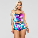 Summer cutout sexy tie-dye print slim velvet two-piece shorts nightclub outfit