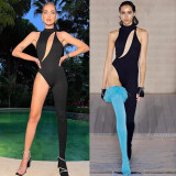 Fashion Women's Fall Solid Color Round Neck Sleeveless Cutout Asymmetric Jumpsuit Women
