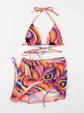 Printed mesh drawstring skirt Three-Piece bikini