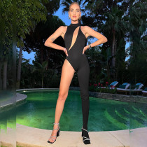 Fashion Women's Fall Solid Color Round Neck Sleeveless Cutout Asymmetric Jumpsuit Women