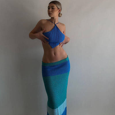 Abdominal Halter Neck Knitting Strap Beach Top Crop Low Back Lace-Up Vest + Half-length Skirt Women