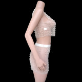Women Sexy See-Through Bright Diamond Bubble Beads Mesh Sleeveless Top + Beach Skirt Two-piece Set