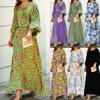 Women Loose Print Long Sleeve Top+Long Dress Two Piece Set