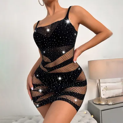 Women Temptation Sexy Beaded Striped Lingerie Bright Diamond Mesh Dress