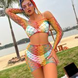 Women Netting Colorful Off-the-shoulder Fishnet Beach Bikini Two Piece