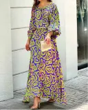 Women Loose Print Long Sleeve Top+Long Dress Two Piece Set