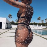 Women Sexy See-Through Bright Diamond Bubble Beads Mesh Sleeveless Top + Beach Skirt Two-piece Set